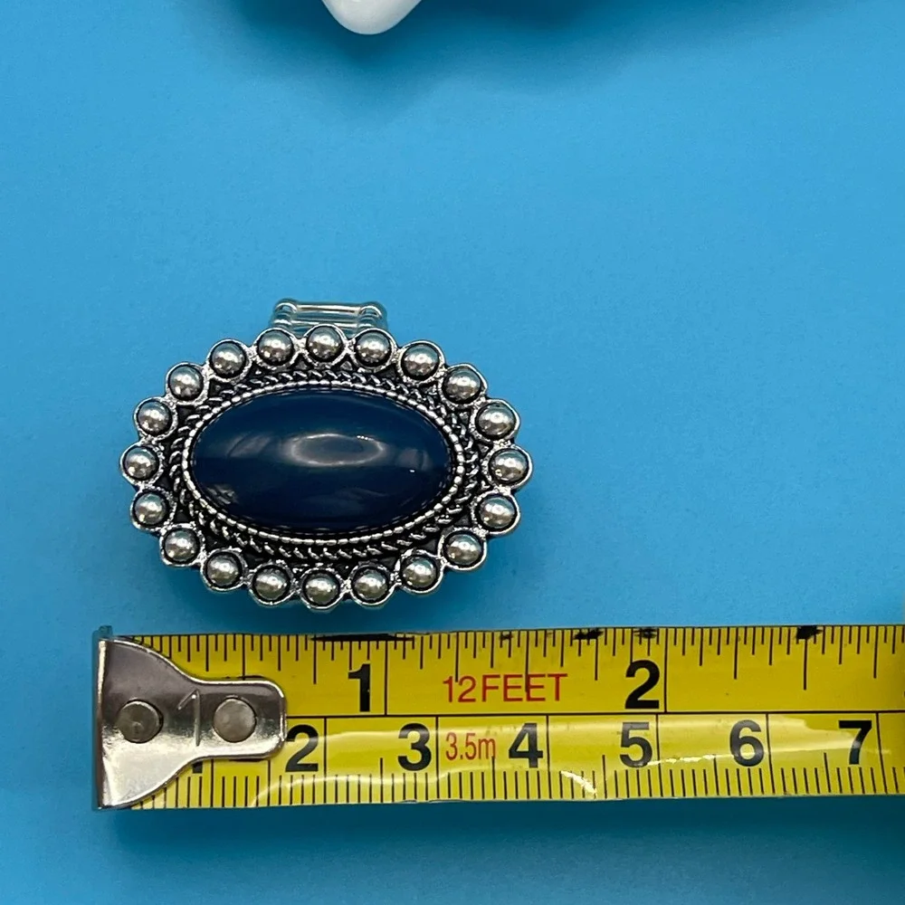 Blue Oval Silver Tone Stretch Ring Boho Western Statement Festival Jewelry - Picture 5 of 5